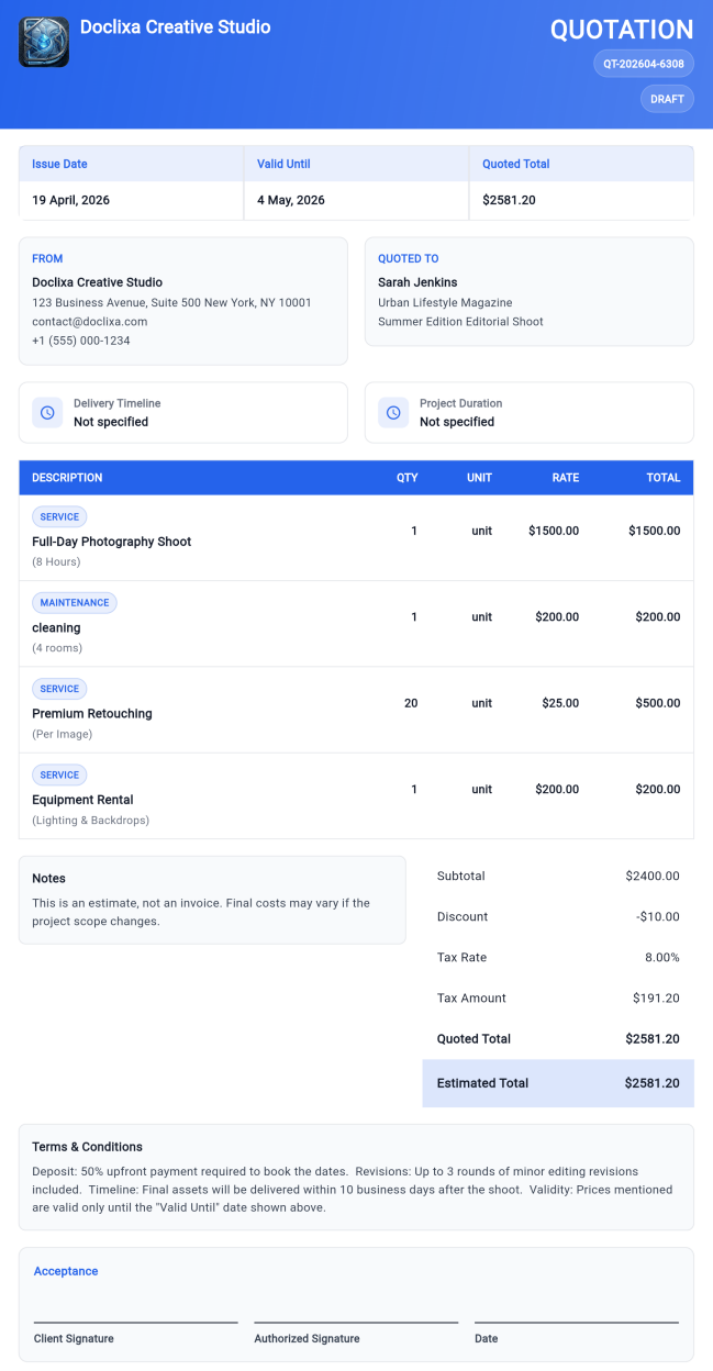 Quotation template preview